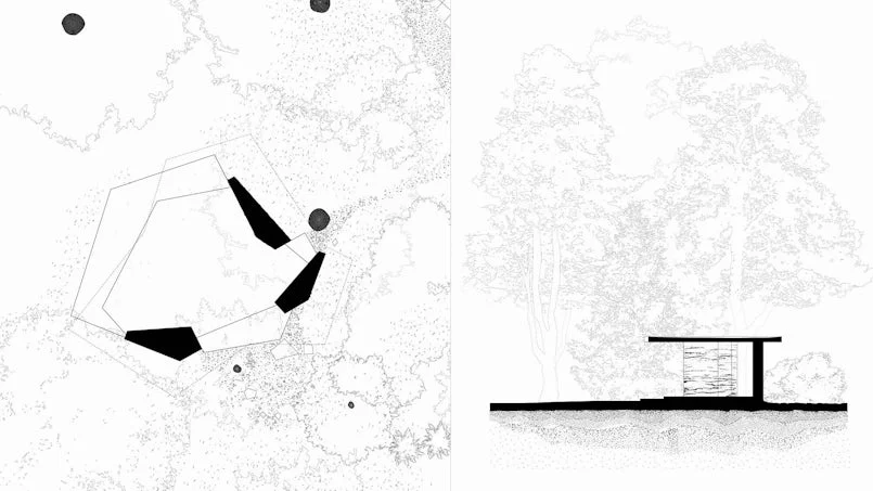 architectonische plattegrond en doorsnede paviljoen van beton uit eigen tuin