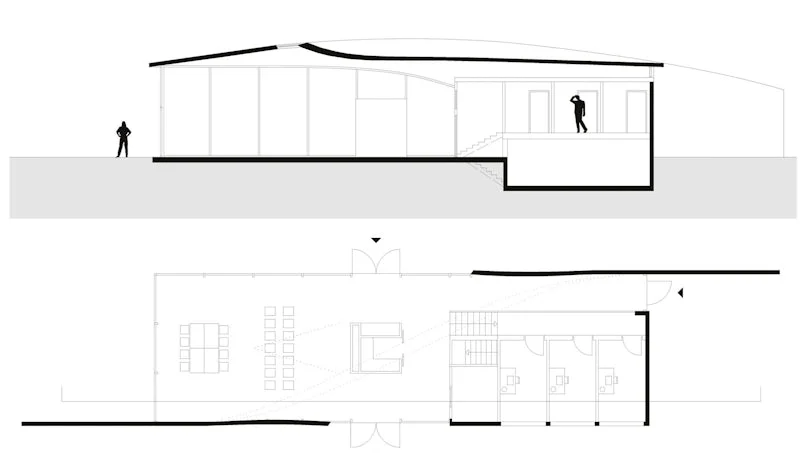 bouwtekeningen van henn cube met plattegrond en doorsnede van carbonbetonconstructie