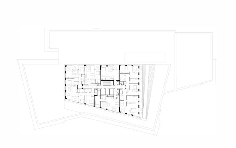 Op de achtste verdieping bevinden zich zes appartementen per bouwlaag, zichtbaar in de opbouw van de toren. (Bron: tekening Powerhouse Company)
