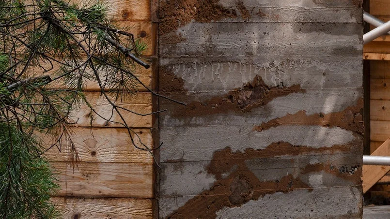 detail beton uit eigen tuin met bladeren en aardlagen enzo valerio paviljoen