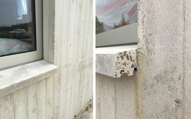 De dorpels zijn iets langer dan de raamopening gemaakt en daarna op maat gezaagd