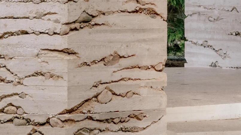 detail betonwand met natuurlijke lagen en texturen pinetum
