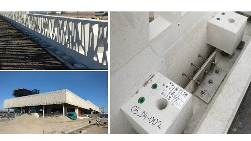 detail van de montage van betonnen randelementen inclusief oplegnokken en maatvoering