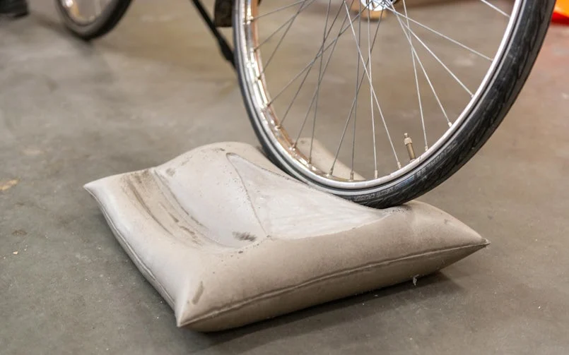 Een kussen met een deuk erin waar de fiets niet helemaal stabiel in staat (foto: bureaubakker)
