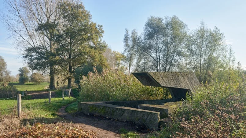 herinterpretatie van het schorsbetonpaviljoen deels begroeid en geintegreerd in het omliggende landschap