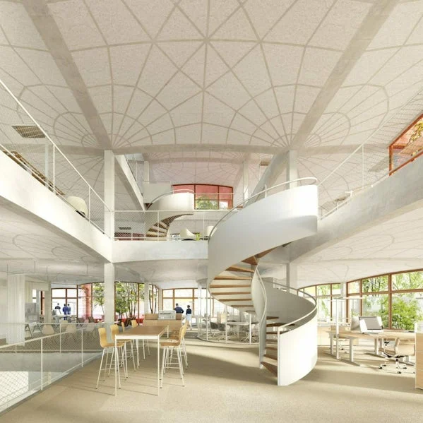 interieur van de crea tower met innovatieve betonvloeren die elegantie combineren met structurele logica