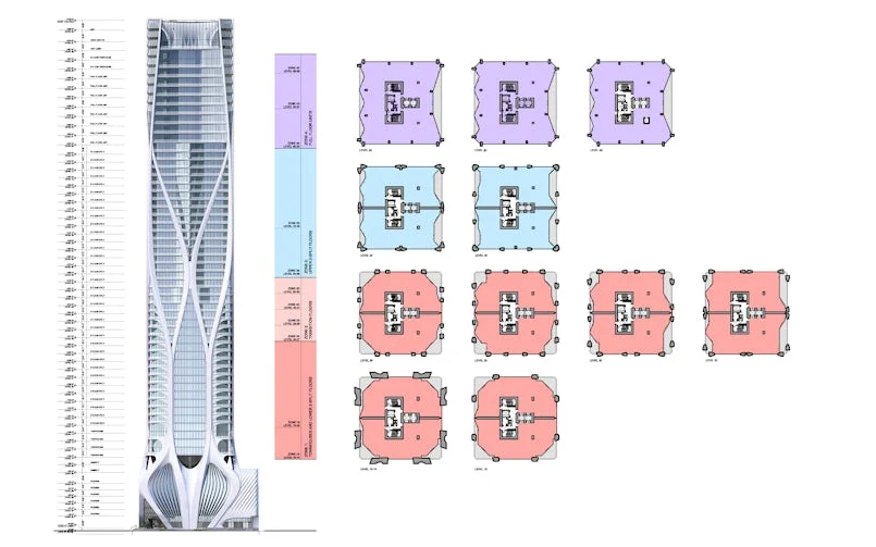 ontwerptekeningen van de gevels met diverse unittypes en structuurlijnen zichtbaar