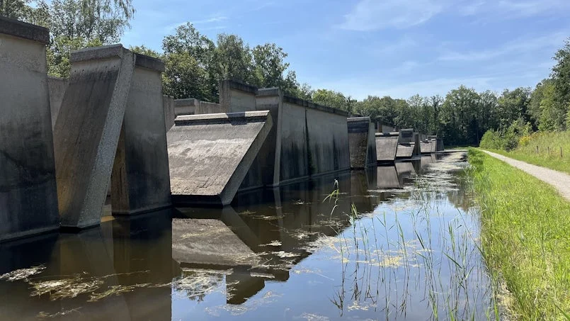 overzicht van de betonnen deltagoot tussen de bomen – iconisch waterbouwkundig onderzoeksobject in het bos