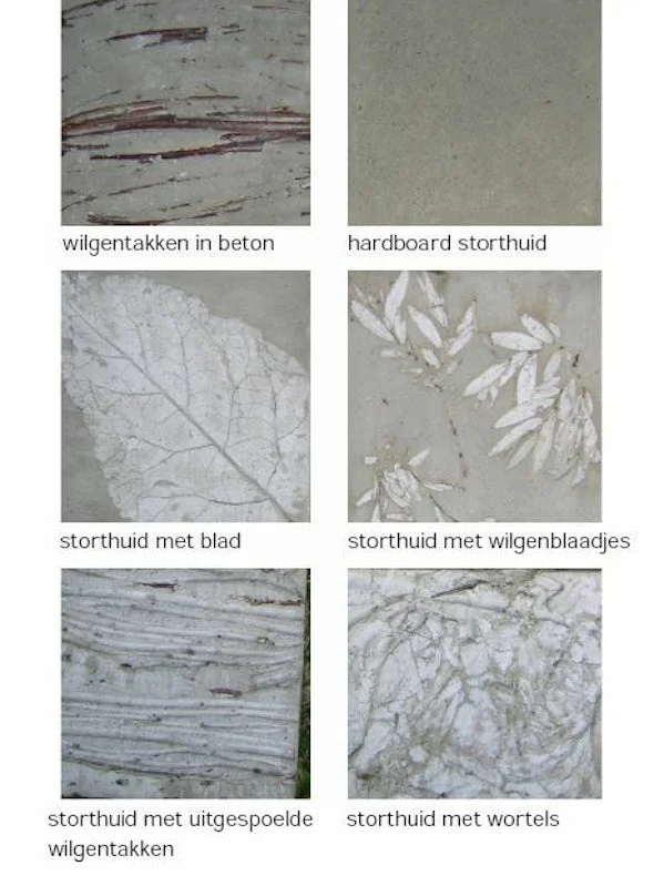 overzicht van diverse gietexperimenten met schorsstructuren bladeren en natuurlijke afdrukken in beton