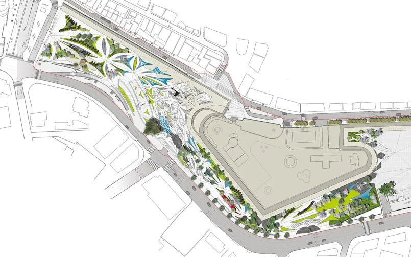 Overzicht van het diepliggende park in de oude gracht en het plein op straatniveau (tekening: Zaha Hadid Architects)