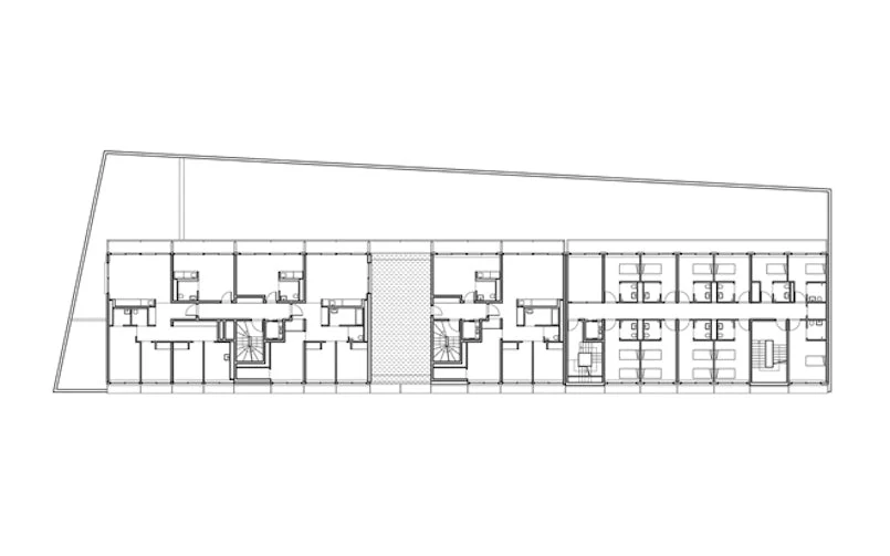 Voor Stendhal is gekozen voor een grid van 3 m, waarin de sociale woningbouw en de opvang voor daklozen verschillende configuraties binnen de structuur invullen.