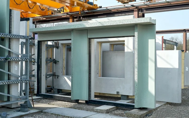 De groene betongevel is op de kopse kanten gepolijst. De afgeronde hoeken naar de kozijnen toe zijn goed zichtbaar (foto: Byldis, Danny Fiers)