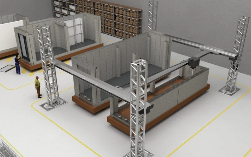 Beeld van hoe de fabriek opgebouwd is: twee modules kunnen per dag worden geprint, op een andere plek worden ze verder afgebouwd (foto: CyBe)