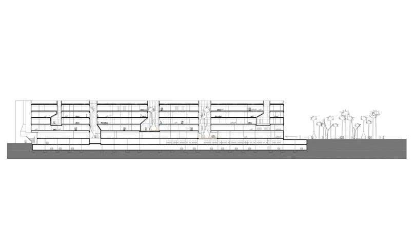 technische langsdoorsnede van het gebouw toont de ritmische opbouw van volumes en daglichttoetreding