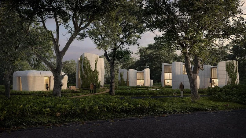 toekomstvisie op milestone fase 2 een cluster van organisch gevormde 3d geprinte woningen in een groe