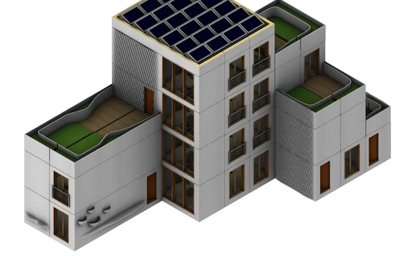 Een flexibele manier van stapelen is mogelijk met 3D-betongeprinte modules, de vorm en maten kunnen makkelijk variëren (render: CyBe)