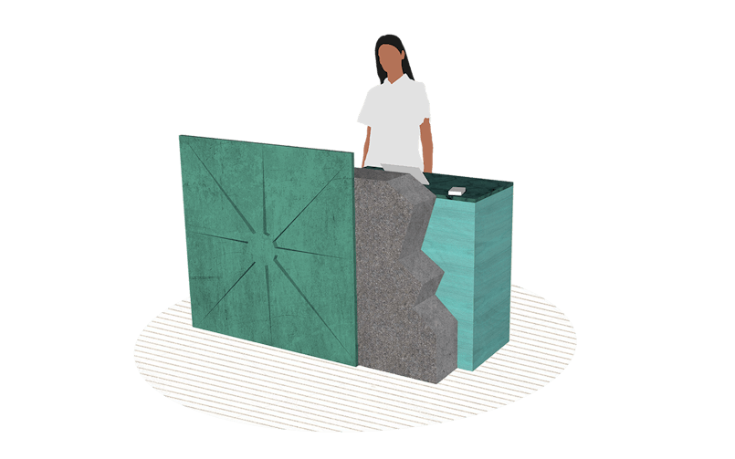 De balie voor RADIUS ontwierp Elise Zoetmulder met o.a. een stuk uitgezaagd beton (render: Zoetmulder)